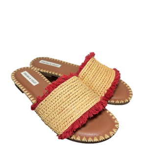 Chelsea & Violet Rafa Fringe Sandals Slides Red Woven Tan Women's Size‎ 9 Boho